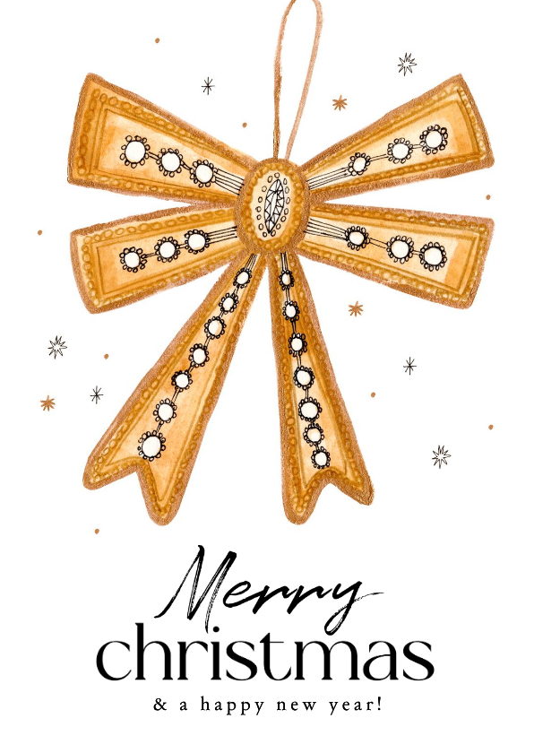 Kerstkaartje gouden strik en sterren Merry Christmas - Kerstkaarten Kerstkaarten - Kerstkaartje gouden strik en sterren Merry Christmas