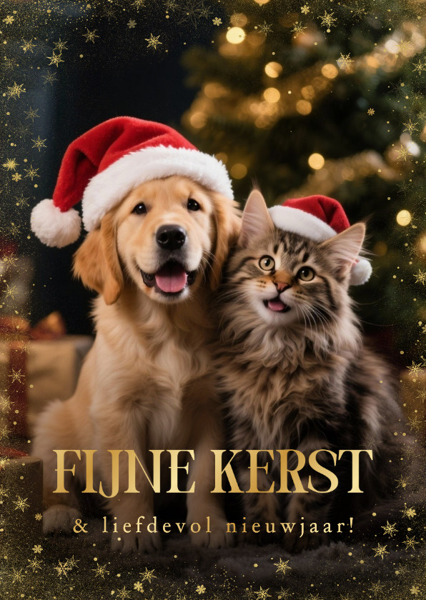 Kerstkaarten - Kerstkaartje grote foto hond kat sfeervol fijne kerst