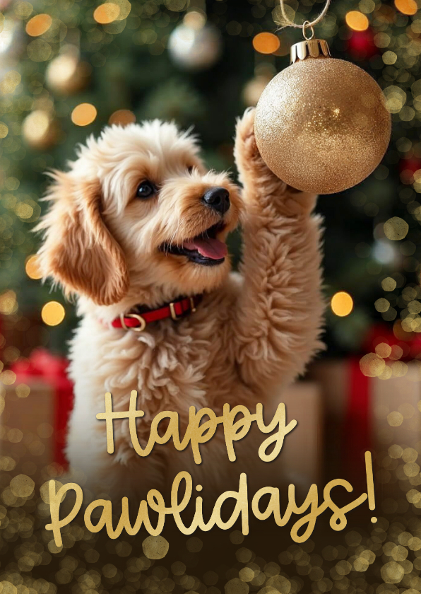Kerstkaarten - Kerstkaartje happy pawlidays hondje kerstbal pootje