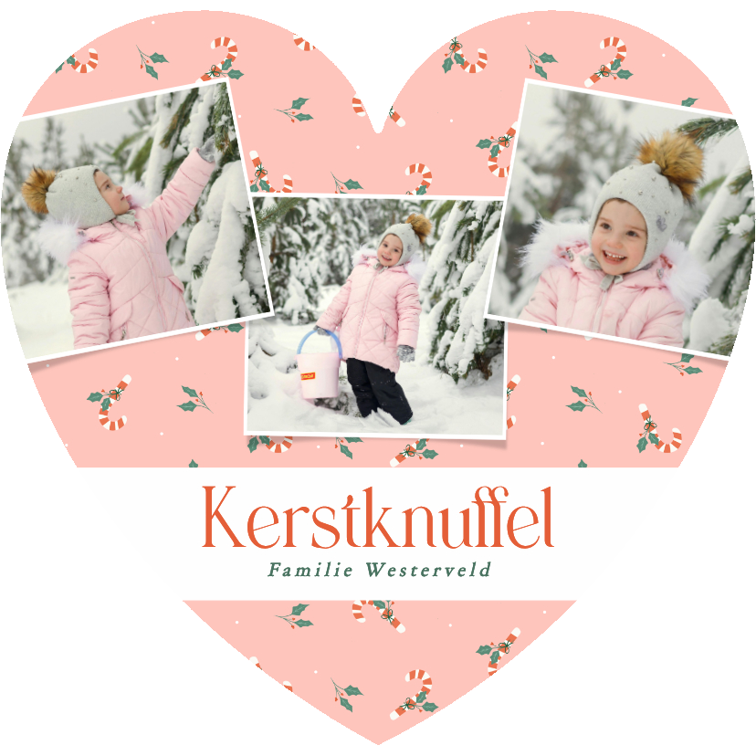 Kerstkaartje hartje roze met foto's en zuurstokjes - Kerstkaarten Kerstkaarten - Kerstkaartje hartje roze met foto's en zuurstokjes