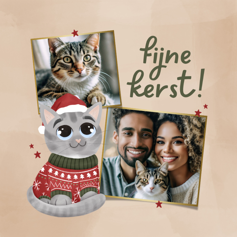 Kerstkaarten - Kerstkaartje illustratie kat met trui en fotocollage sterren