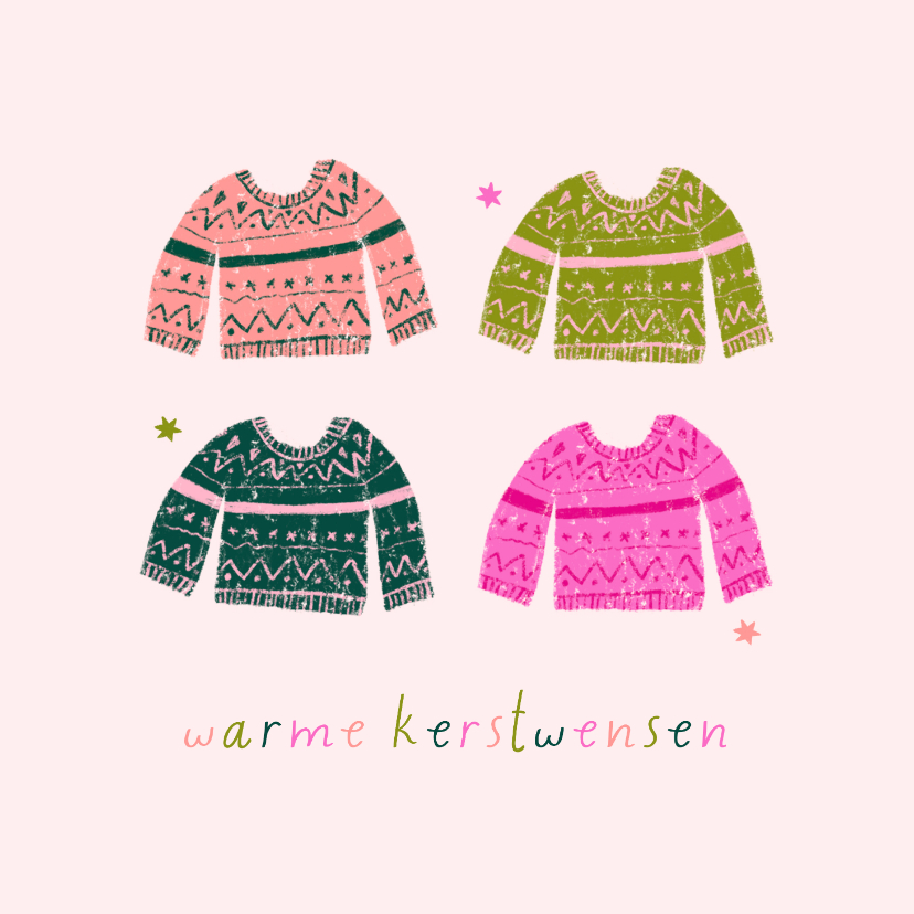 Kerstkaarten - Kerstkaartje illustratie truien warme kerstwensen funky