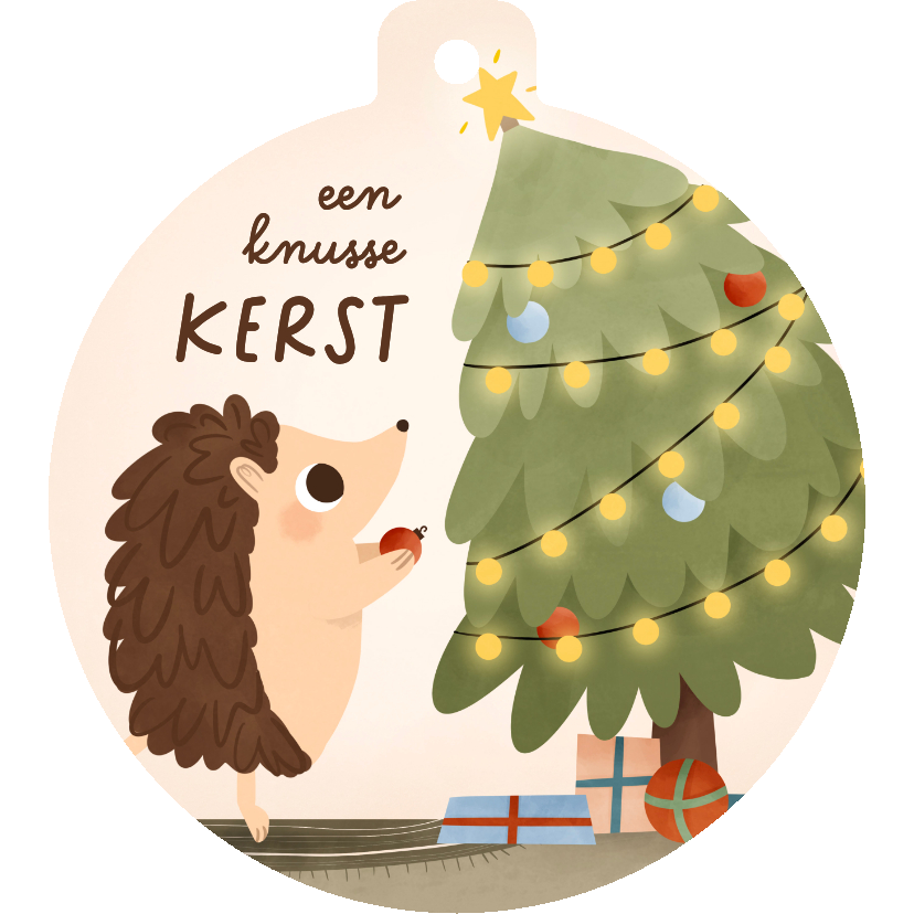 Kerstkaarten - Kerstkaartje kerstbalvorm illustratie egel kerstboom knus