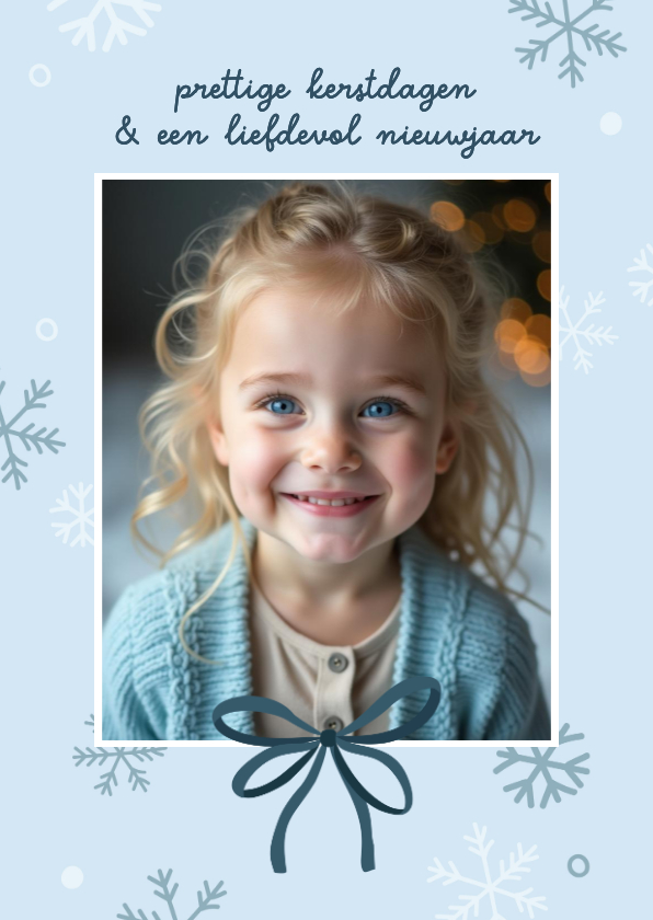 Kerstkaarten - Kerstkaartje met foto en sneeuwvlokjes lichtblauw winter