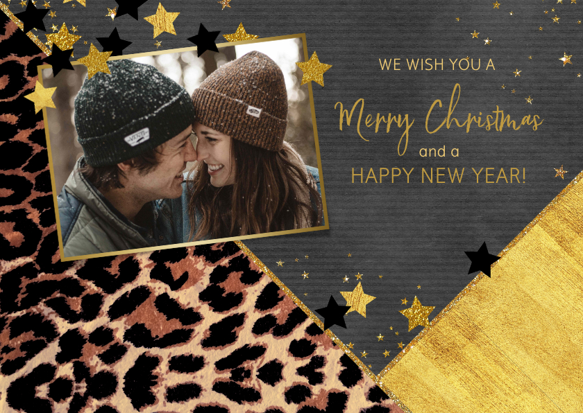 Kerstkaartje met foto stoer panterprint en sterretjes - Kerstkaarten Kerstkaarten - Kerstkaartje met foto stoer panterprint en sterretjes