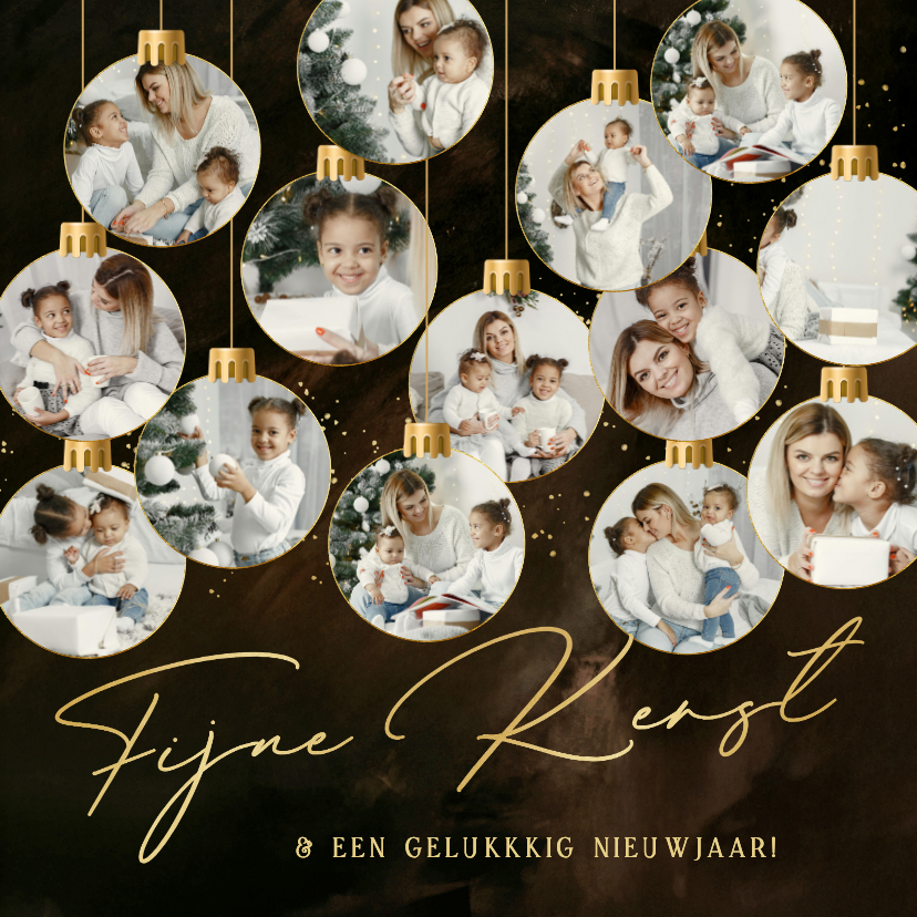 Kerstkaartje met fotocollage 14 kerstballen goud - Kerstkaarten Kerstkaarten - Kerstkaartje met fotocollage 14 kerstballen goud