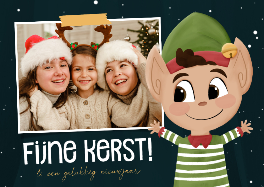 Kerstkaarten - Kerstkaartje met illustratie kerstelfje en foto fijne kerst