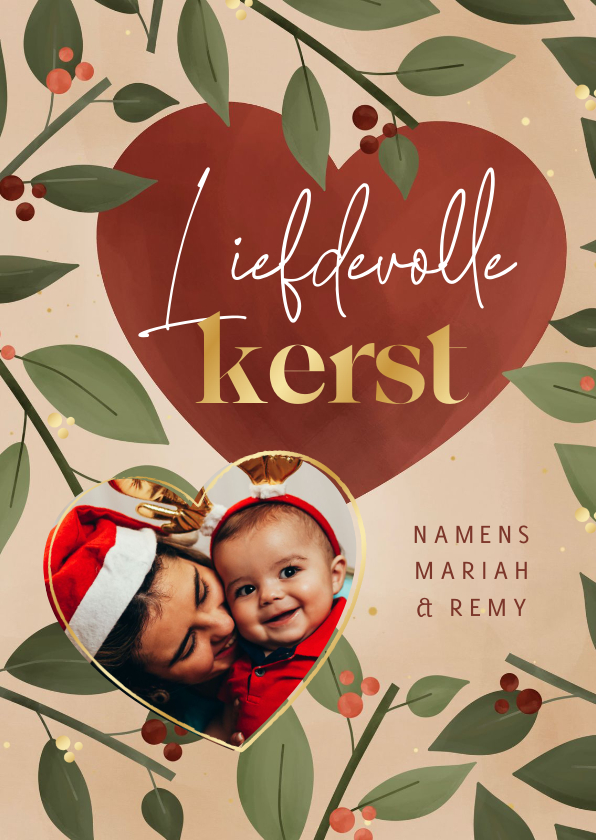 Kerstkaarten - Kerstkaartje met takjes en hart met foto 