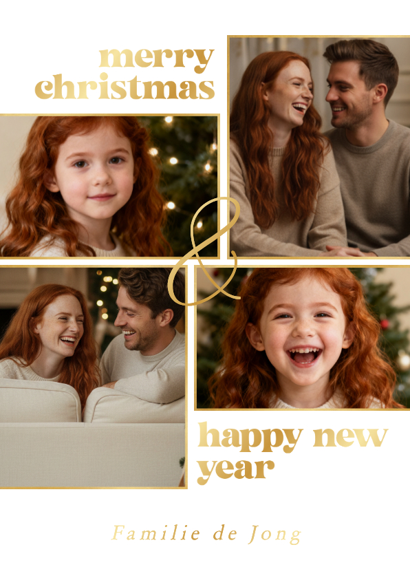 Kerstkaarten - Kerstkaartje minimalistisch met fotocollage wit en goud 