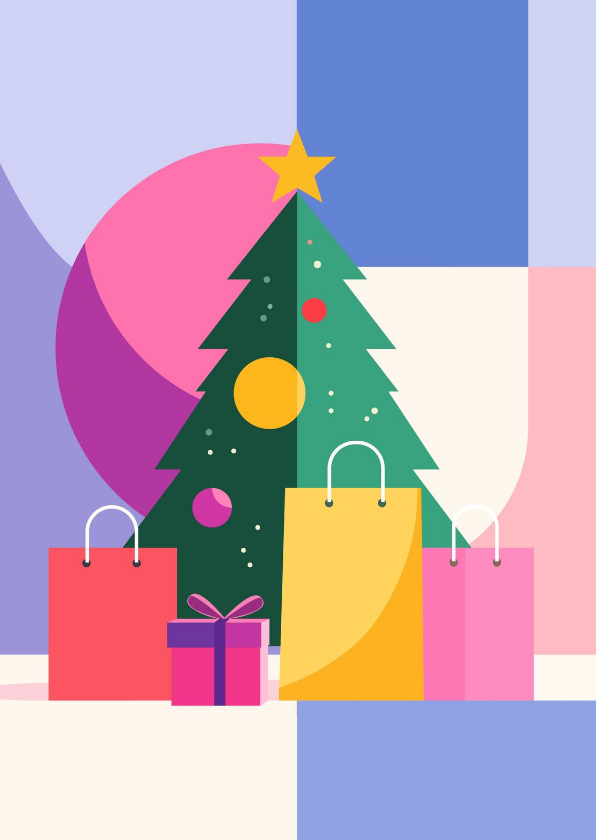 Kerstkaarten - Kerstkaartje modern kerstboom met tasjes en cadeaus bonprix