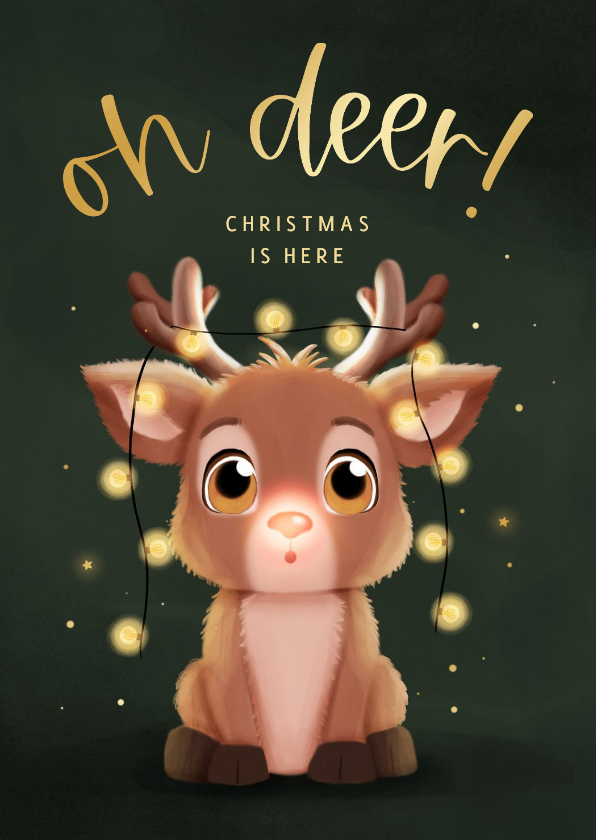 Kerstkaartje oh deer christmas is here rendier lampjes - Kerstkaarten Kerstkaarten - Kerstkaartje oh deer christmas is here rendier lampjes