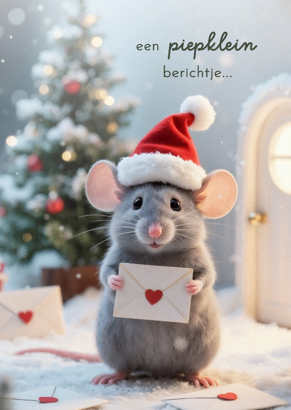 Kerstkaartje piepklein berichtje schattig muisje kerstmuts - Kerstkaarten Kerstkaarten - Kerstkaartje piepklein berichtje schattig muisje kerstmuts