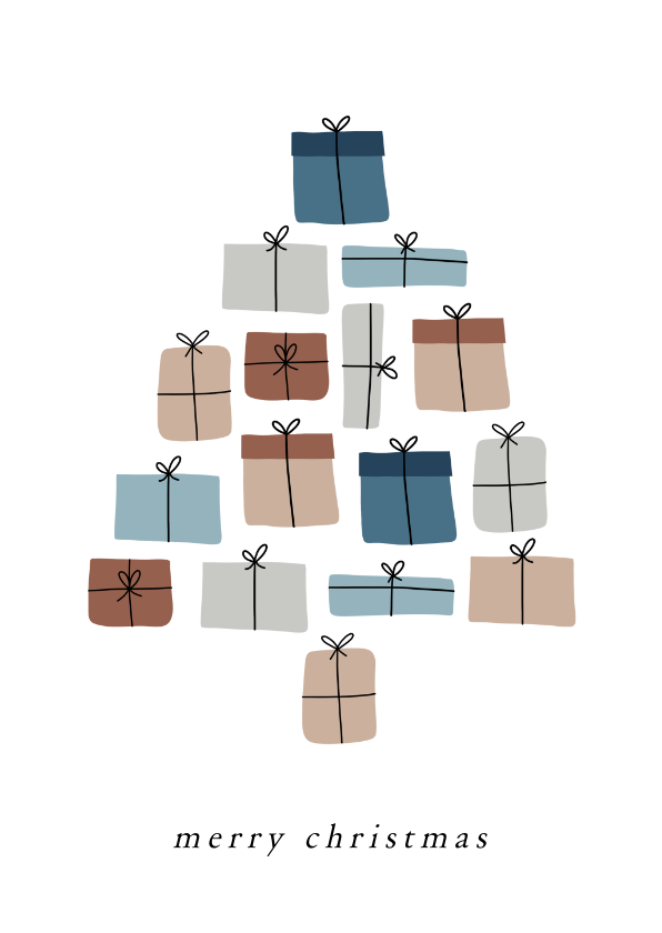 Kerstkaarten - Kerstkaartje van cadeautjes gemaakte kerstboom blauwtinten