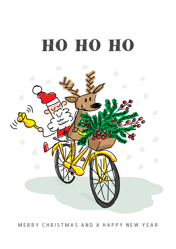 Kerstkaarten - Kerstman met rendier op de fiets