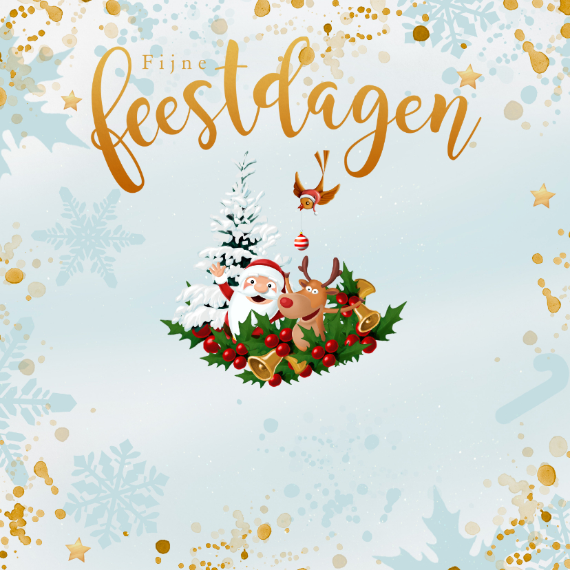 Kerstkaarten - Kerstman met Rudolf, kerstboom en vogeltje met kerstbal