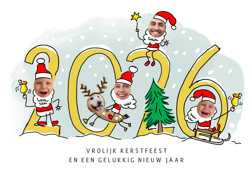 Kerstkaarten - Kerstmannetjes fotokaart voor 5 personen met jaartal