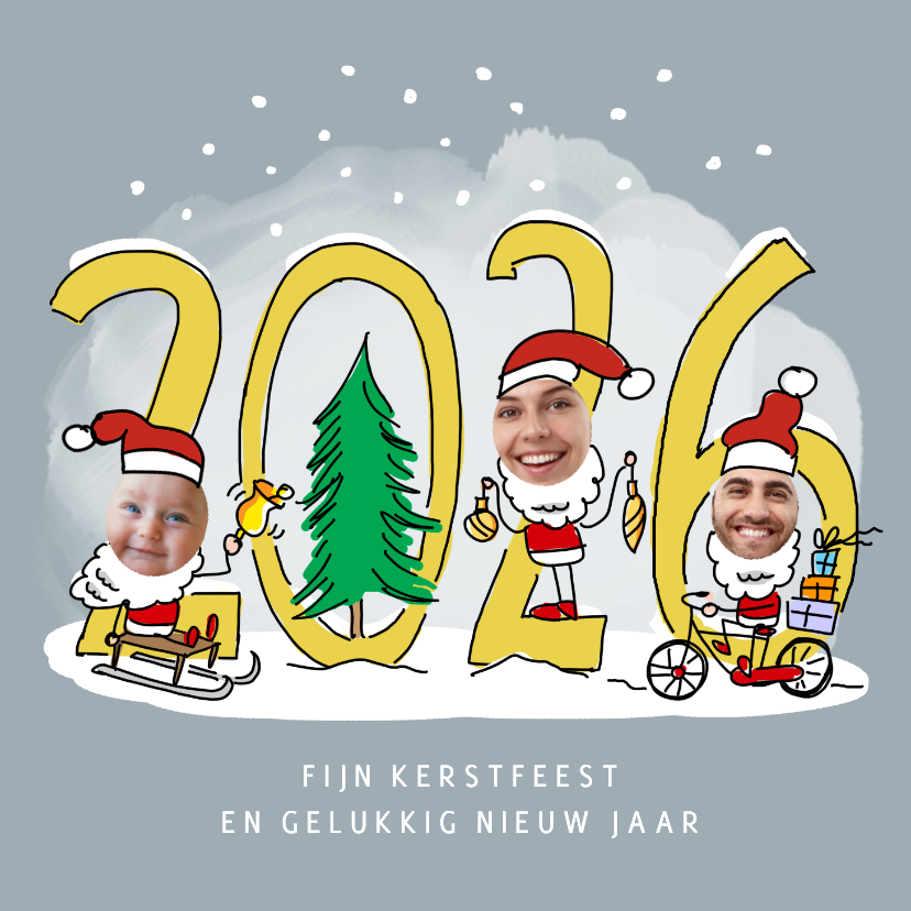 Kerstmannetjes photokaart voor 3 personen met jaartal - Kerstkaarten Kerstkaarten - Kerstmannetjes photokaart voor 3 personen met jaartal