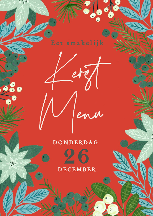 Kerstkaarten -  Kerstmenu botanisch bloemen poinsettia