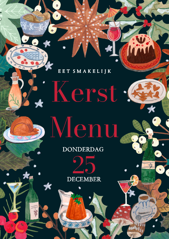 Kerstkaarten - Kerstmenu doodle eten & drinken kerstfeest