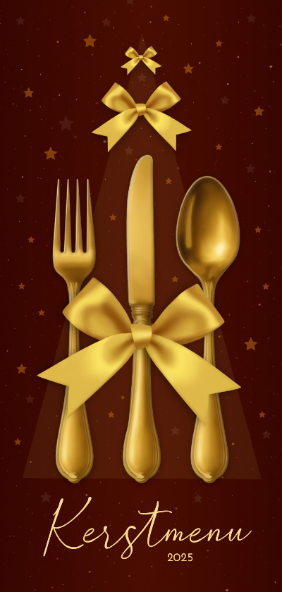 Kerstkaarten - Kerstmenu goudlook strik bestek