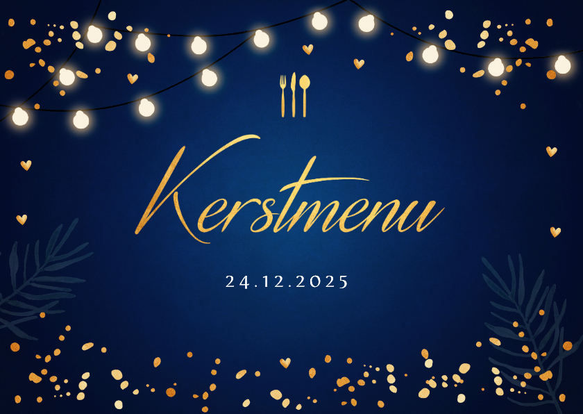 Kerstkaarten - Kerstmenu kaart blauw lampjes goudlook