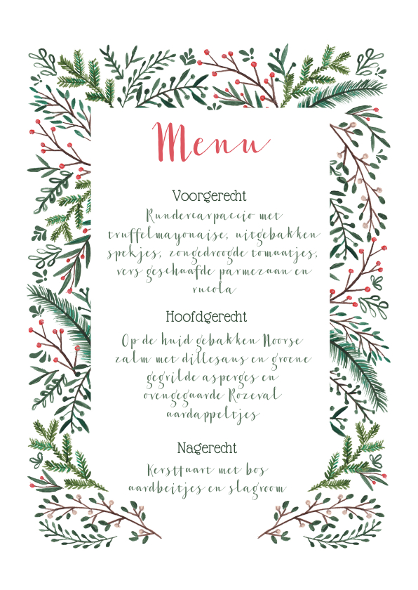 Kerstkaarten - Kerstmenu kaart dennetakjes elegant