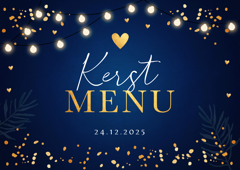 Kerstmenukaart blauw lampjes goudlook - Kerstkaarten Kerstkaarten - Kerstmenukaart blauw lampjes goudlook