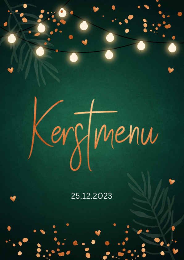 Kerstmenukaart donkergroen confetti koperlook - Kerstkaarten Kerstkaarten - Kerstmenukaart donkergroen confetti koperlook