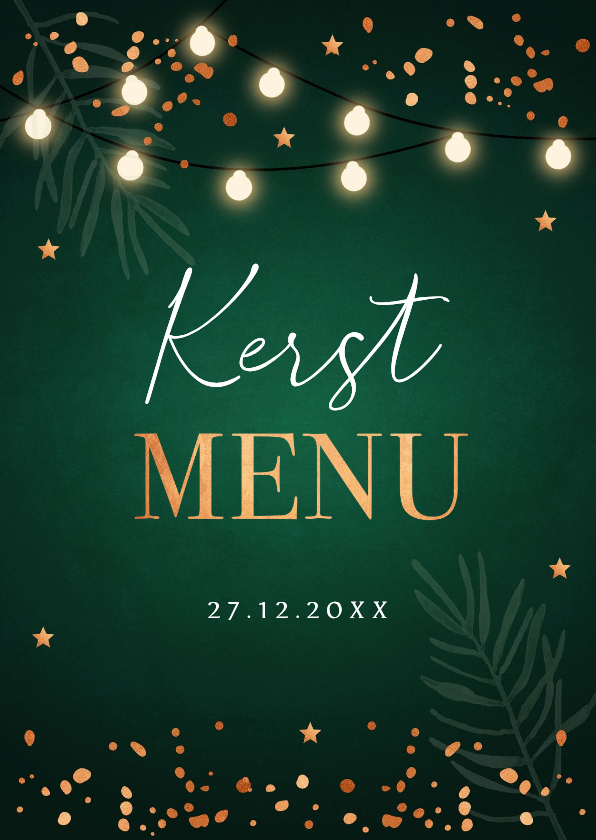 Kerstmenukaart groen lampjes koperlook sterren - Kerstkaarten Kerstkaarten - Kerstmenukaart groen lampjes koperlook sterren