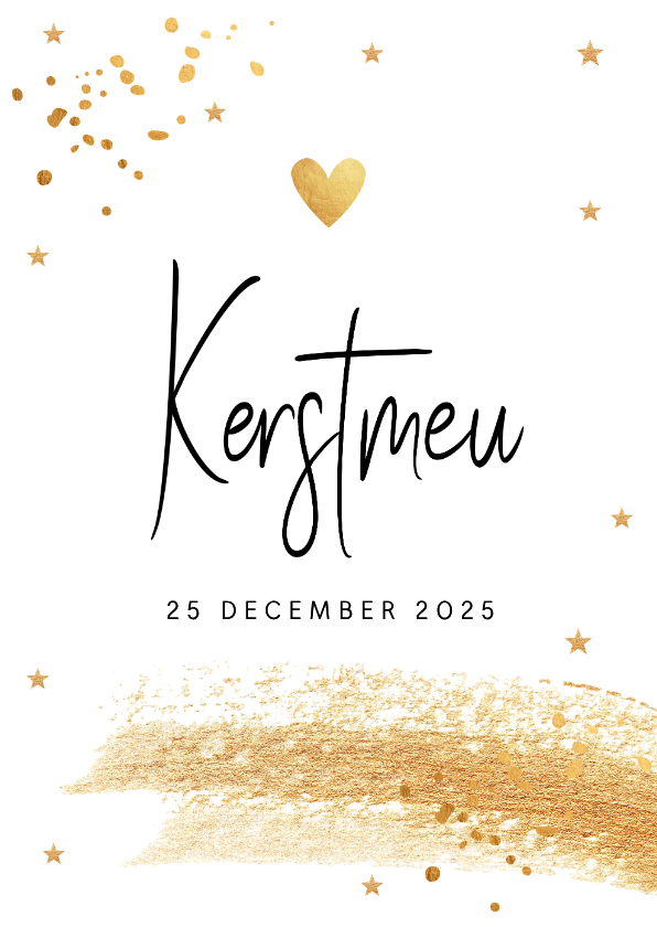 Kerstkaarten - Kerstmenukaart wit brush strook sterren goudlook