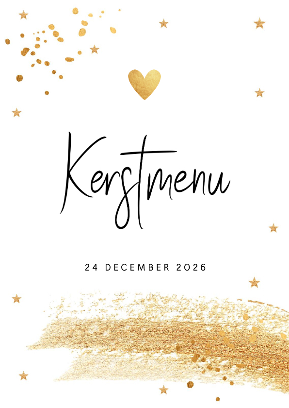 Kerstkaarten - Kerstmenukaart wit brush strook sterren goudlook