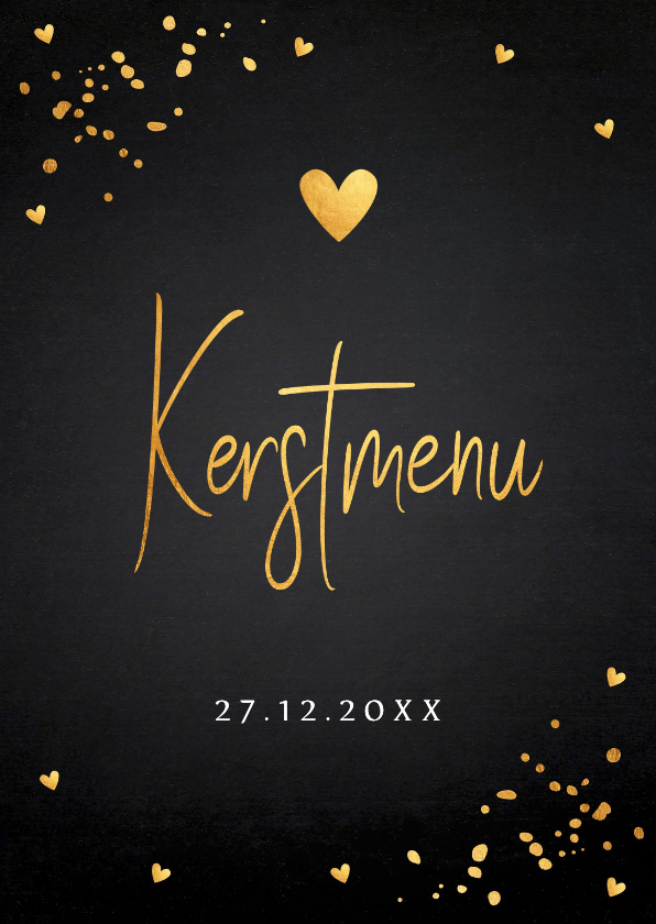 Kerstmenukaart zwart goudlook hartjes - Kerstkaarten Kerstkaarten - Kerstmenukaart zwart goudlook hartjes