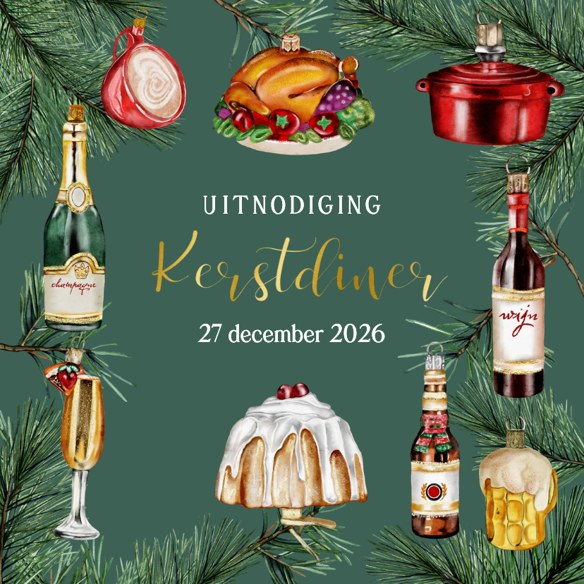 Kerstkaarten - Kerstuitnodiging diner ornamenten 