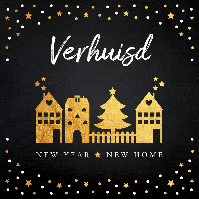 Kerstverhuiskaart gouden confetti huisjes - Kerstkaarten Kerstkaarten - Kerstverhuiskaart gouden confetti huisjes
