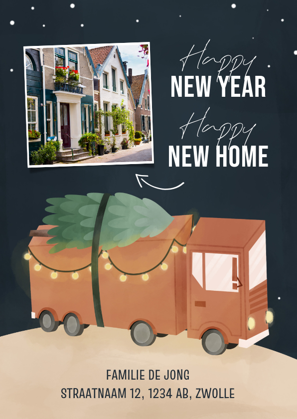Kerstkaarten - Kerstverhuiskaart happy new year new home met vrachtauto
