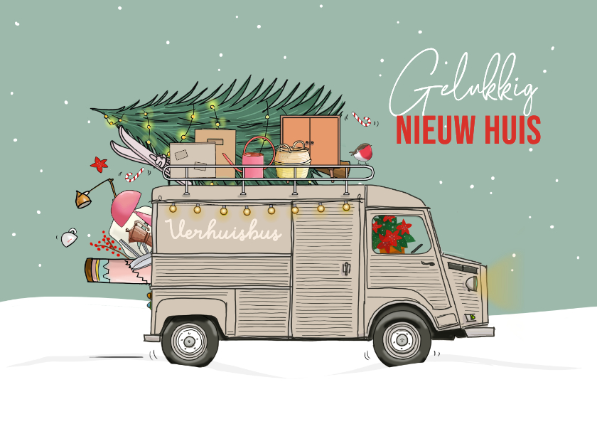 Kerstkaarten - Kerstverhuiskaart HY bus met kerstboom en verhuisspullen