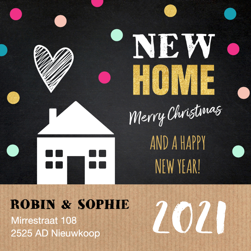 Kerstverhuiskaart label huis kraft krijtbord stippen - Kerstkaarten Kerstkaarten - Kerstverhuiskaart label huis kraft krijtbord stippen