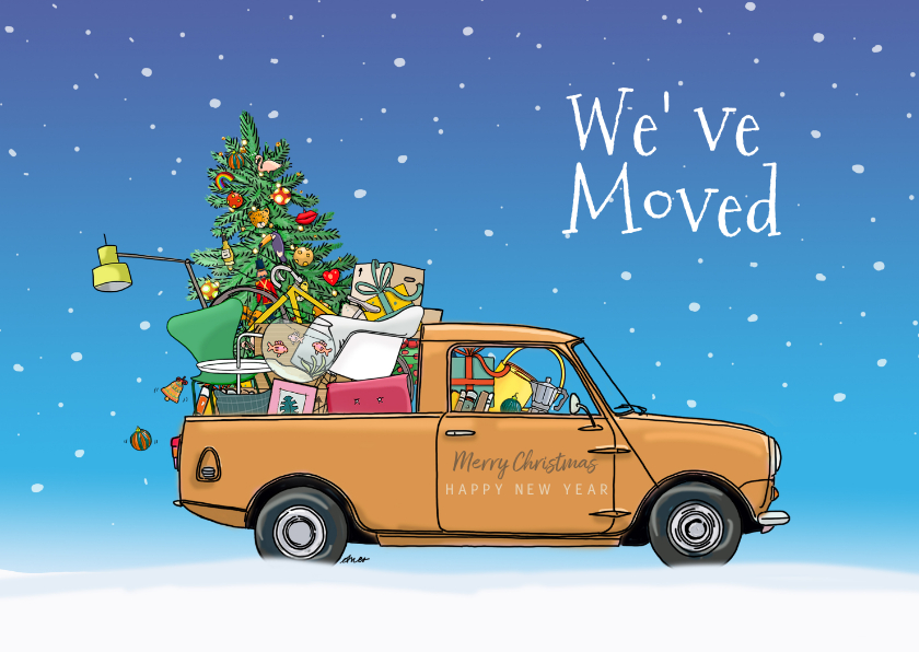 Kerstverhuiskaart mini pickup geel - Kerstkaarten Kerstkaarten - Kerstverhuiskaart mini pickup geel