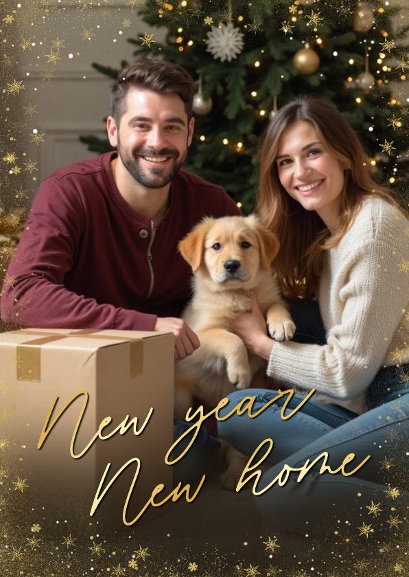 Kerstkaarten - Kerstverhuiskaart new year new home grote foto goudlook