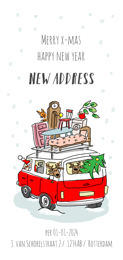Kerstkaarten - Kerstverhuiskaart vw busje met kerstman in de sneeuw