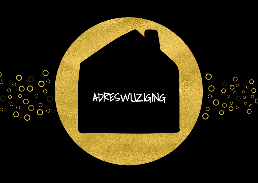 Kerstverhuiskaart zwart met goud cirkels en huis - Kerstkaarten Kerstkaarten - Kerstverhuiskaart zwart met goud cirkels en huis