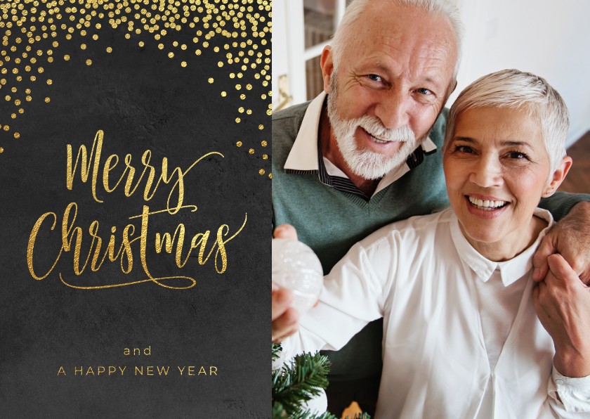 Klassieke foto kerstkaart confetti goud op zwart - Kerstkaarten Kerstkaarten - Klassieke foto kerstkaart confetti goud op zwart