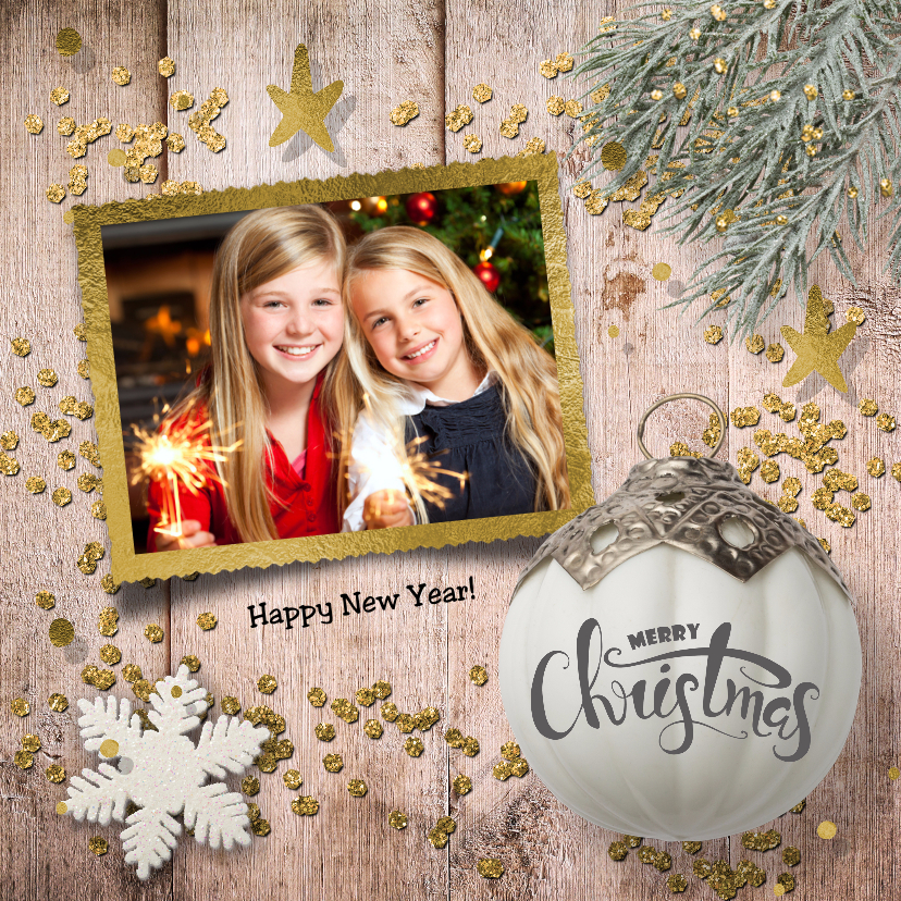 klassieke foto kerstkaart - hout en glitter - Kerstkaarten Kerstkaarten - klassieke foto kerstkaart - hout en glitter
