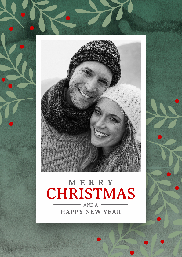 Klassieke groene kerstkaart takjes foto - Kerstkaarten Kerstkaarten - Klassieke groene kerstkaart takjes foto