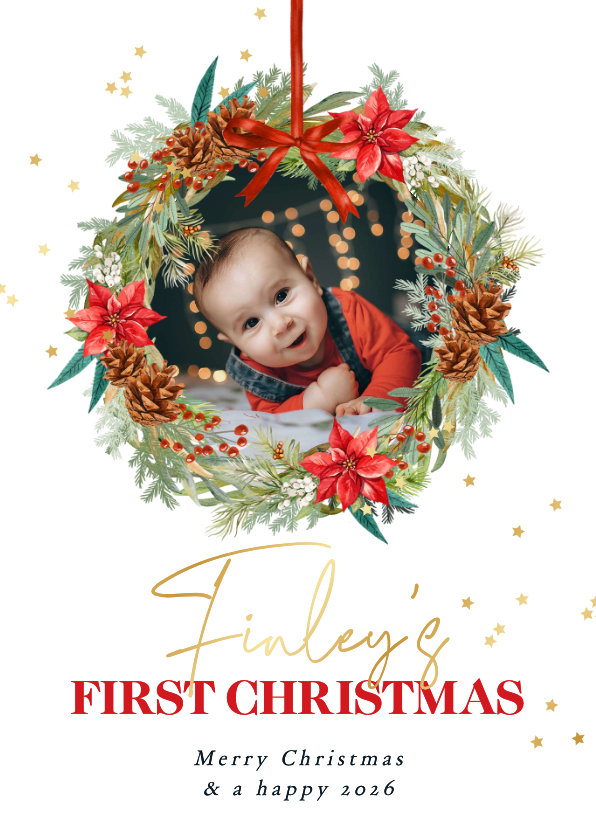Klassieke kerstkaart eerste kerst botanisch krans foto - Kerstkaarten Kerstkaarten - Klassieke kerstkaart eerste kerst botanisch krans foto