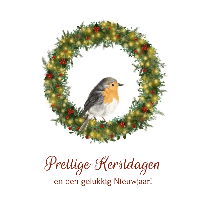 Klassieke kerstkaart met roodborstje in kerstkrans - Kerstkaarten Kerstkaarten - Klassieke kerstkaart met roodborstje in kerstkrans