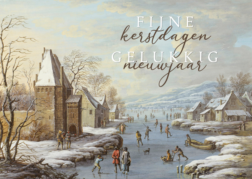 Kerstkaarten - Klassieke kerstkaart schilderij wintergezicht met ijsvermaak