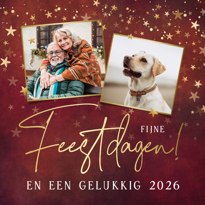 Kerstkaarten - Klassieke rode kerstkaart met 2 eigen foto's en sterren