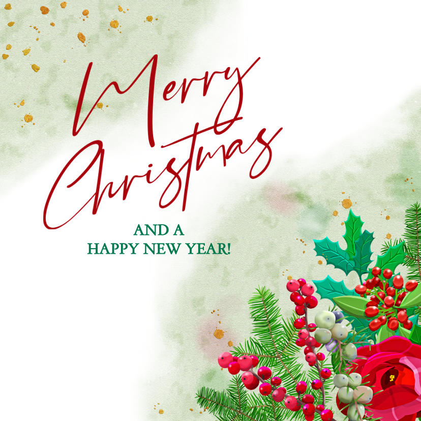 Kleurige kerstkaart met roos en diverse kersttakjes - Kerstkaarten Kerstkaarten - Kleurige kerstkaart met roos en diverse kersttakjes