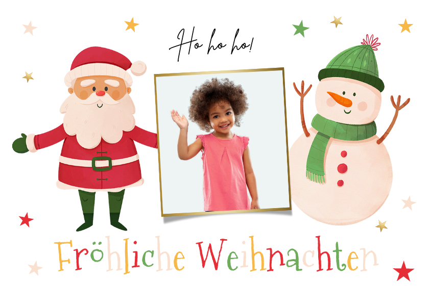 Kerstkaarten - Kleurrijke Duitse kerstkaart met kerstman en sneeuwpop